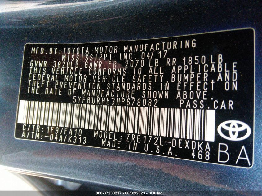 2017 TOYOTA COROLLA L/LE/XLE/SE - 5YFBURHE3HP678082