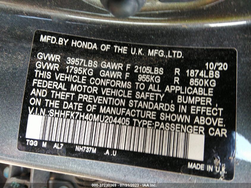 2021 HONDA CIVIC HATCHBACK SPORT - SHHFK7H40MU204405