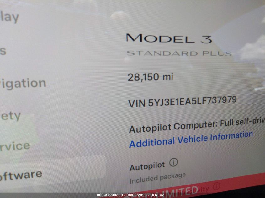 2020 TESLA MODEL 3 STANDARD RANGE - 5YJ3E1EA5LF737979