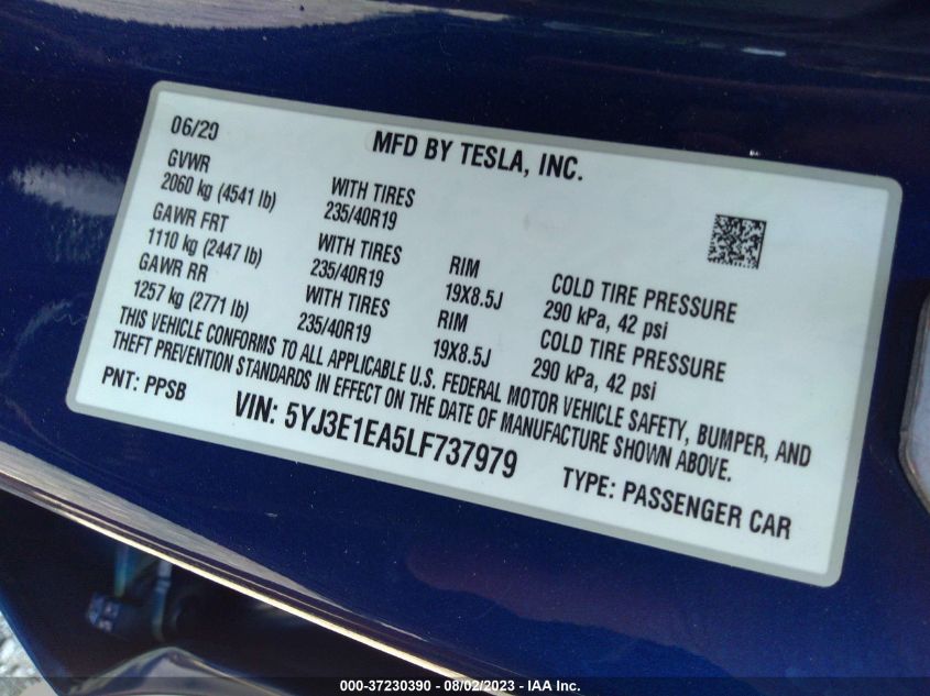 2020 TESLA MODEL 3 STANDARD RANGE - 5YJ3E1EA5LF737979