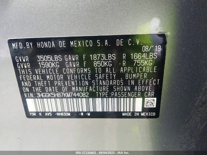 2019 HONDA FIT EX - 3HGGK5H87KM744082