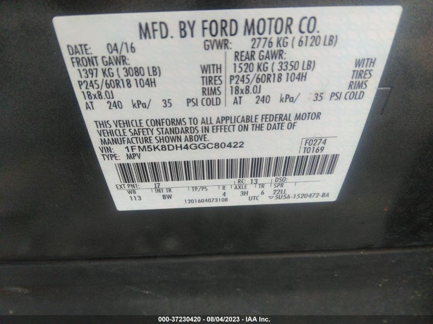 2016 FORD EXPLORER XLT - 1FM5K8DH4GGC80422