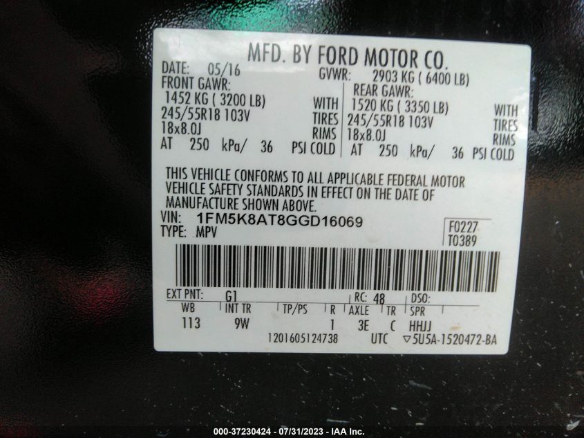 2016 FORD UTILITY POLICE 1FM5K8AT8GGD16069
