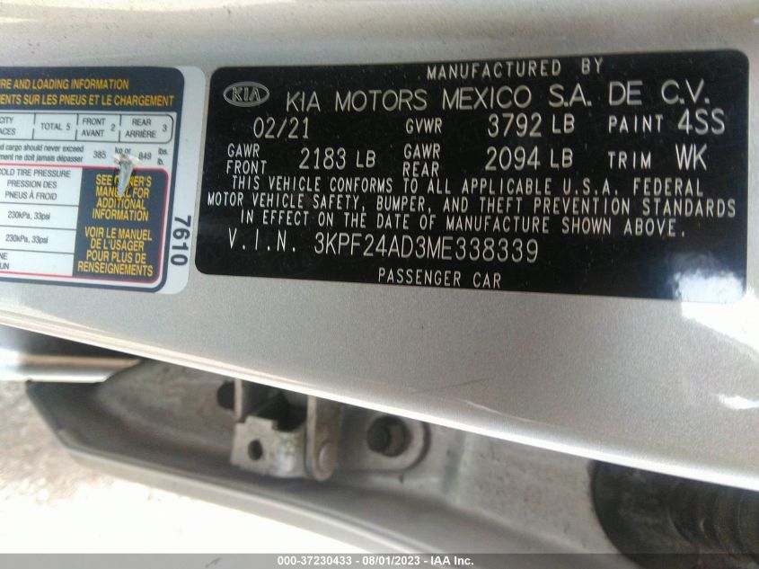 2021 KIA FORTE LXS - 3KPF24AD3ME338339