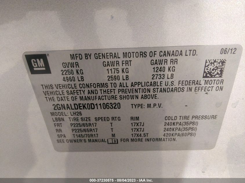2013 CHEVROLET EQUINOX LT - 2GNALDEK0D1106320