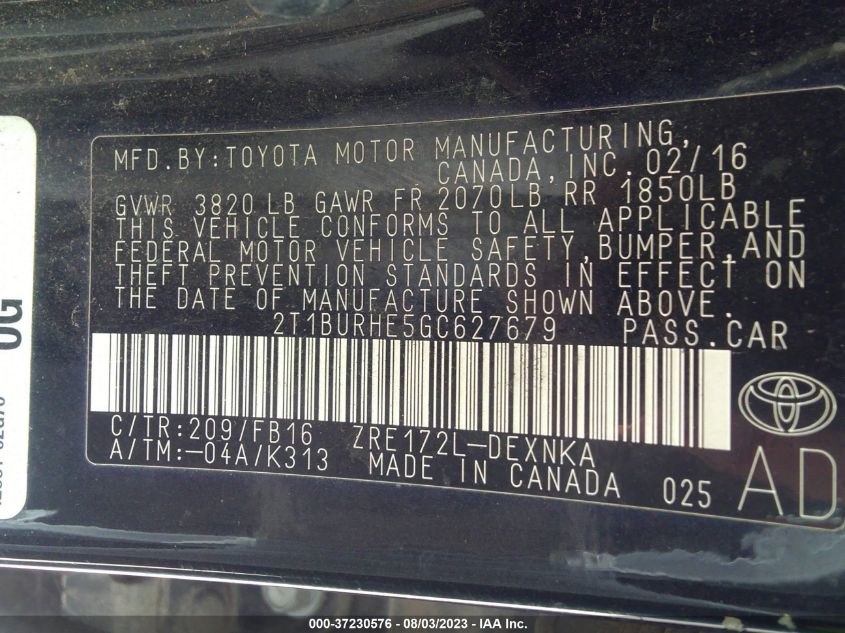 2016 TOYOTA COROLLA L/LE/S/S PLUS/LE PLUS - 2T1BURHE5GC627679