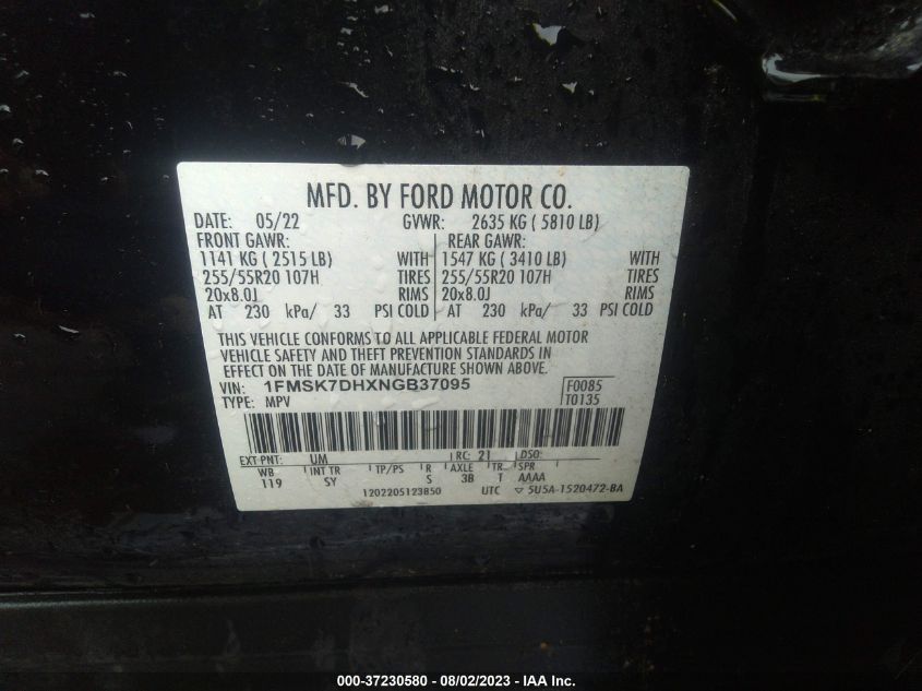 2022 FORD EXPLORER XLT - 1FMSK7DHXNGB37095