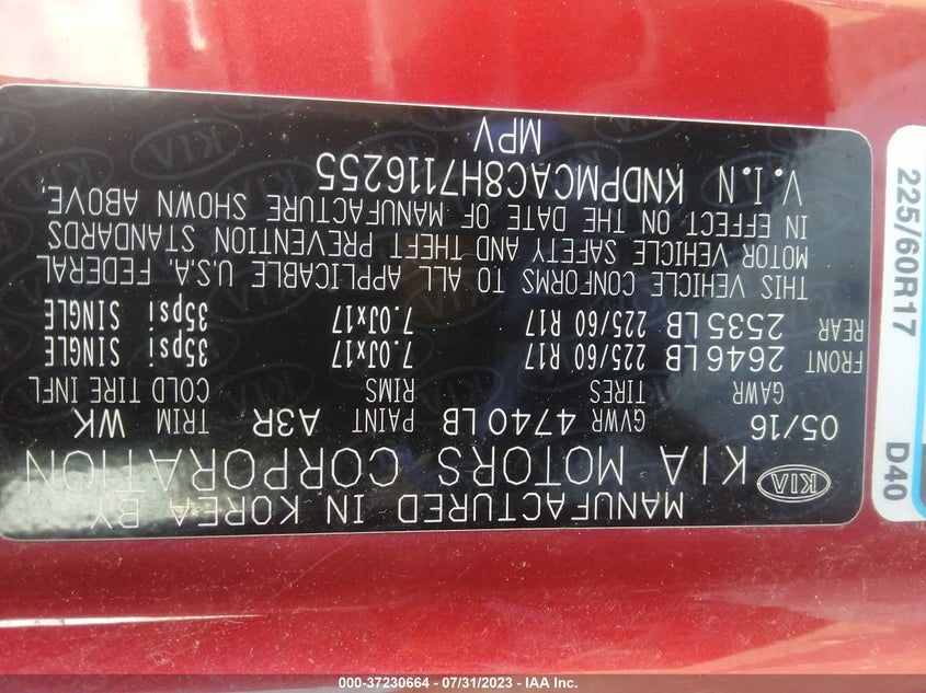 VIN KNDPMCAC8H7116255 2017 KIA SPORTAGE LX