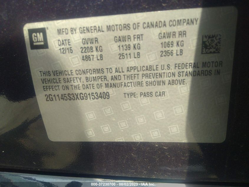 2016 CHEVROLET IMPALA LTZ - 2G1145S3XG9153409
