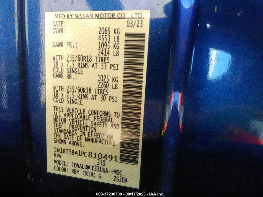 VIN 5N1BT3BA1PC810491 2023 NISSAN ROGUE SV