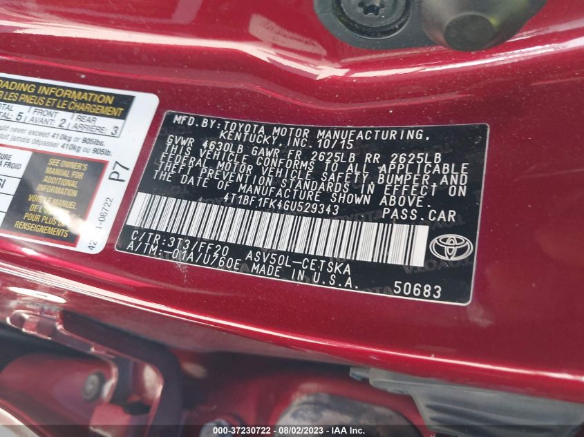 2016 TOYOTA CAMRY LE/XLE/SE/XSE - 4T1BF1FK4GU529343