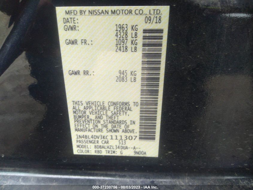 2019 NISSAN ALTIMA SV - 1N4BL4DV3KC111307