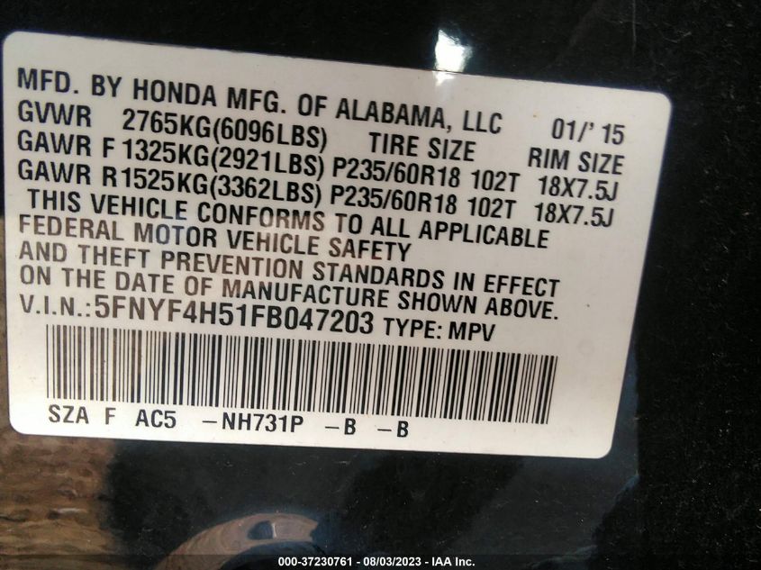 2015 HONDA PILOT EXL - 5FNYF4H51FB047203