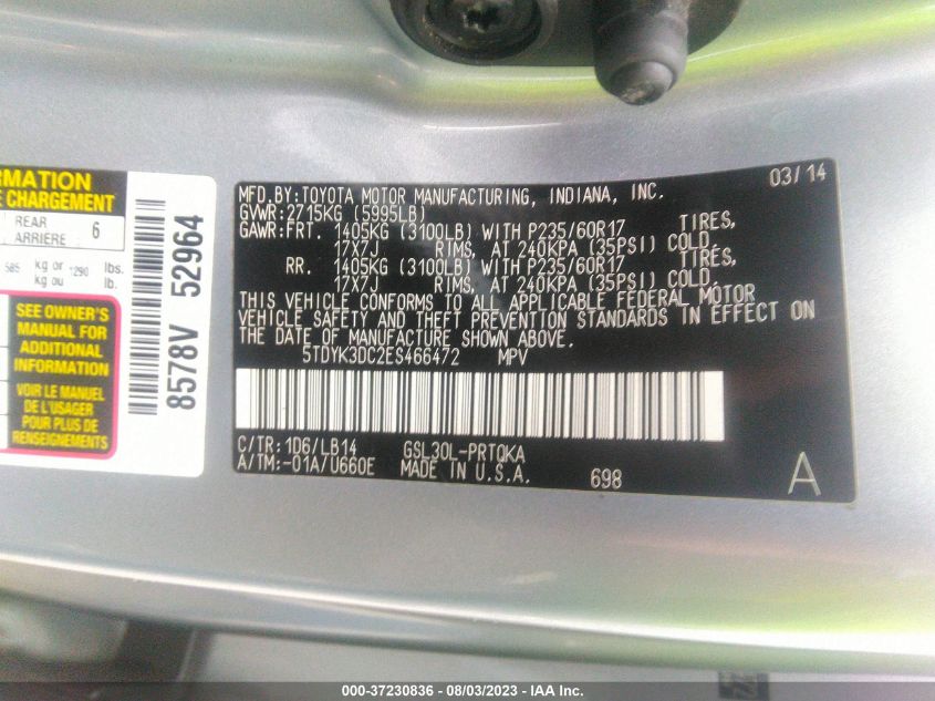 2014 TOYOTA SIENNA XLE/XLE AAS/LTD - 5TDYK3DC2ES466472