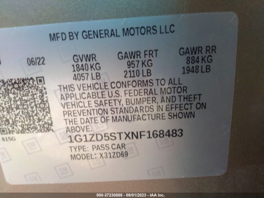 2022 CHEVROLET MALIBU LT - 1G1ZD5STXNF168483