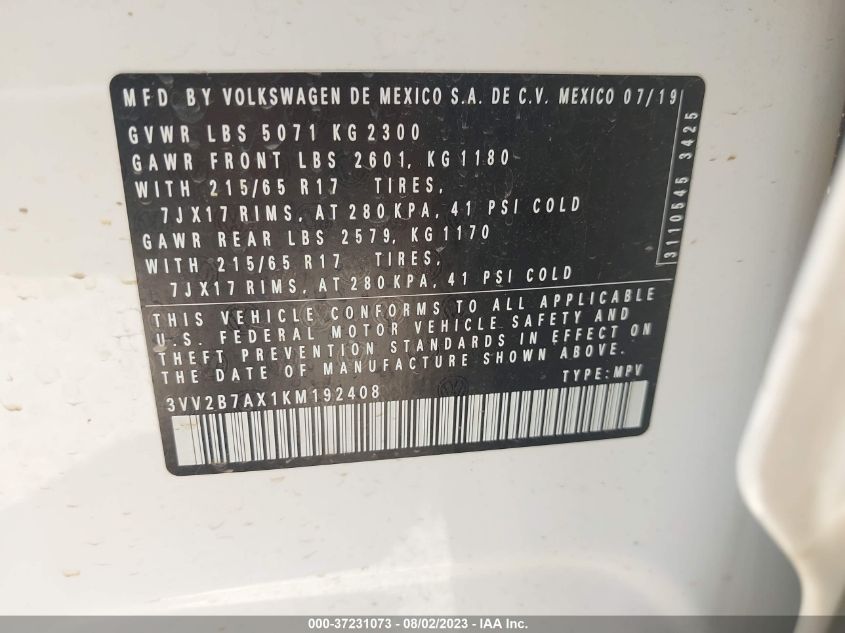 2019 VOLKSWAGEN TIGUAN SE/SEL/SEL R-LINE - 3VV2B7AX1KM192408