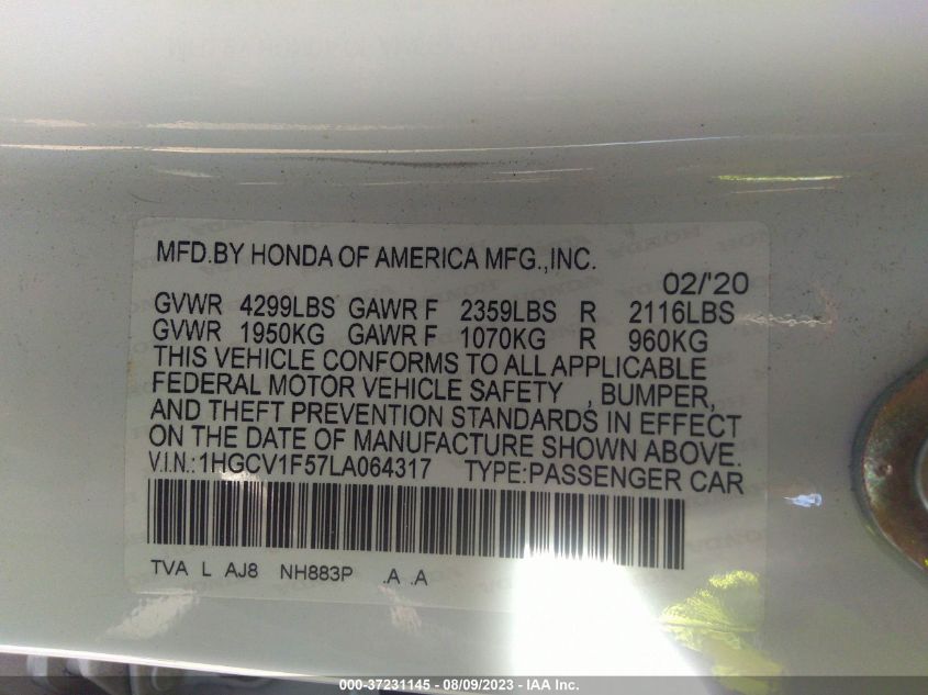 2020 HONDA ACCORD SEDAN EX-L - 1HGCV1F57LA064317