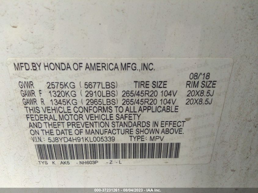 2019 ACURA MDX ADVANCE - 5J8YD4H91KL005339