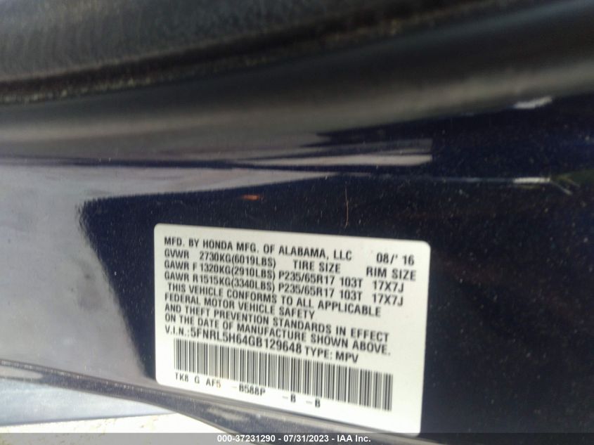 2016 HONDA ODYSSEY EX-L - 5FNRL5H64GB129648