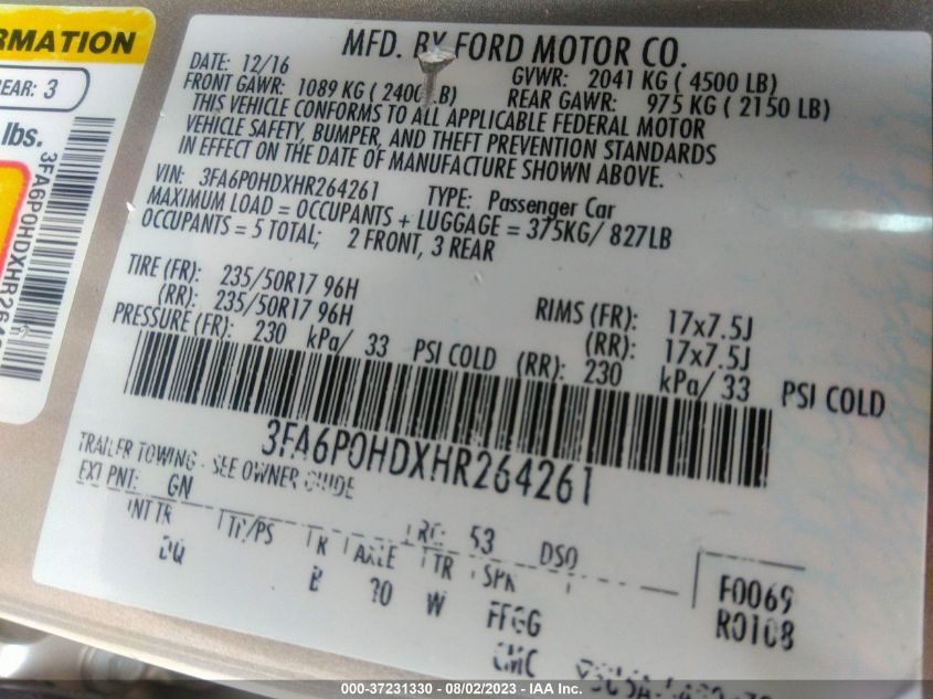 2017 FORD FUSION SE - 3FA6P0HDXHR264261