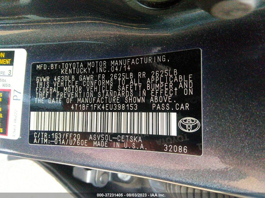 2014 TOYOTA CAMRY L/LE/XLE/SE/SE SPORT - 4T1BF1FK4EU398153