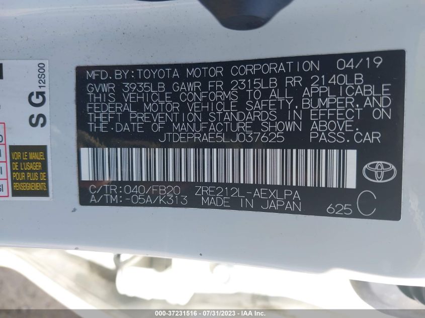 2020 TOYOTA COROLLA LE - JTDEPRAE5LJ037625