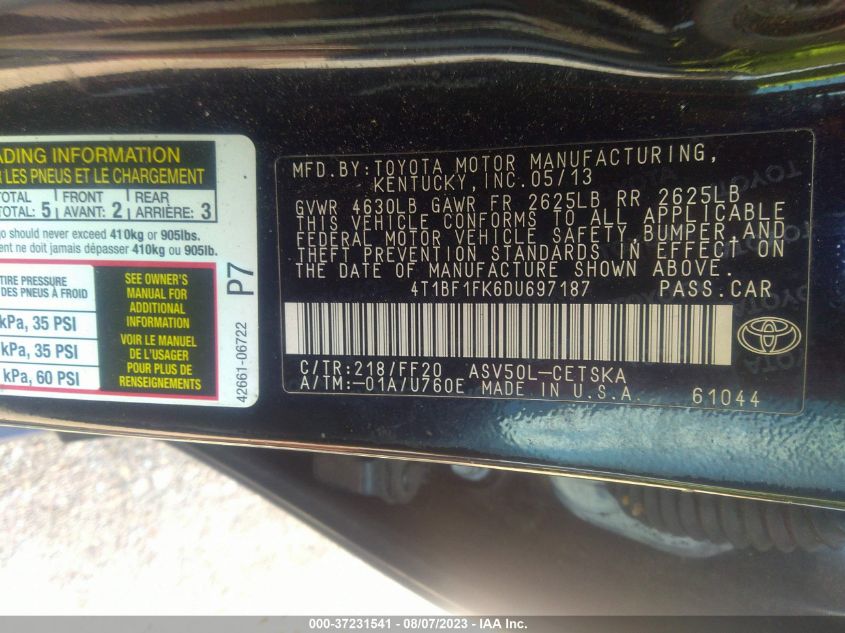 2013 TOYOTA CAMRY L/LE/SE/XLE - 4T1BF1FK6DU697187