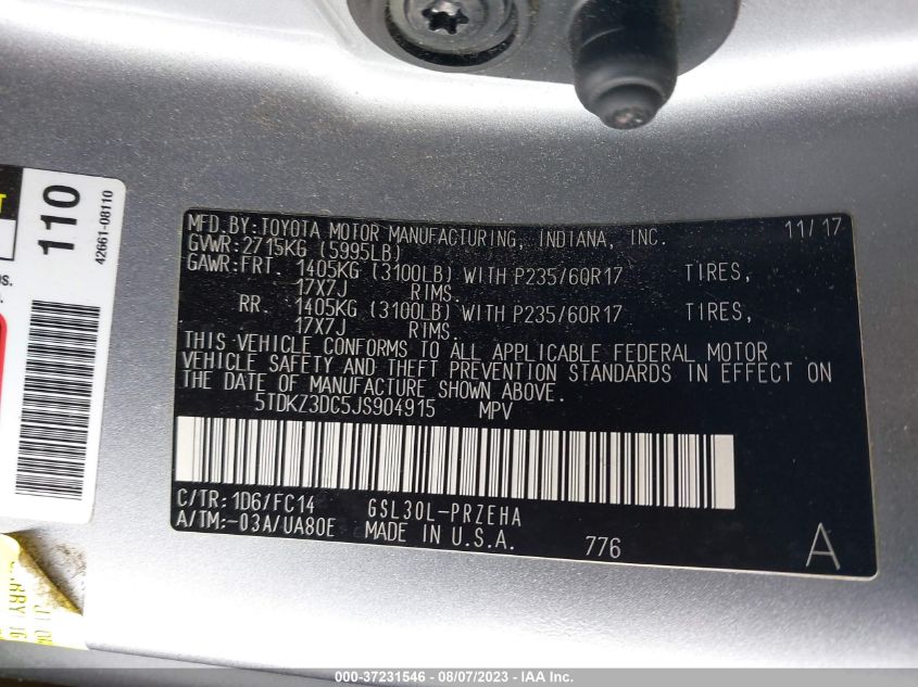 2018 TOYOTA SIENNA LE - 5TDKZ3DC5JS904915