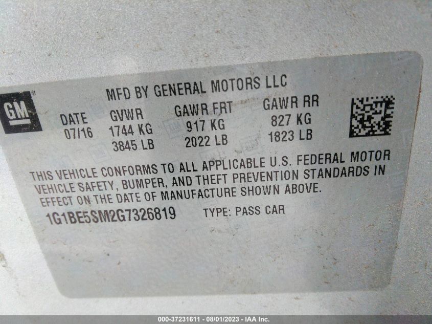 2016 CHEVROLET CRUZE LT - 1G1BE5SM2G7326819