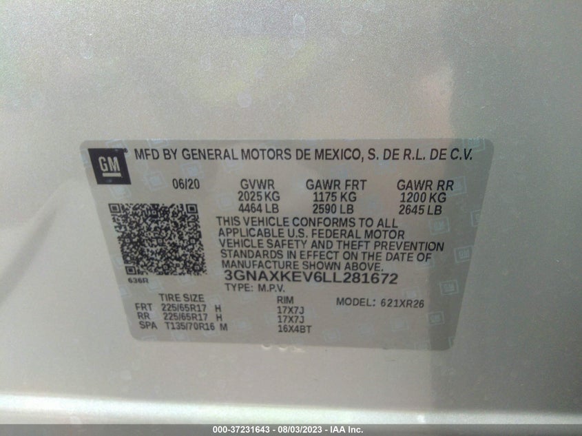VIN 3GNAXKEV6LL281672 2020 CHEVROLET EQUINOX LT
