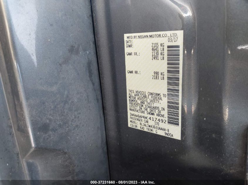 2017 NISSAN MAXIMA 3.5S/SV/SL/SR/PLAT - 1N4AA6AP4HC417492