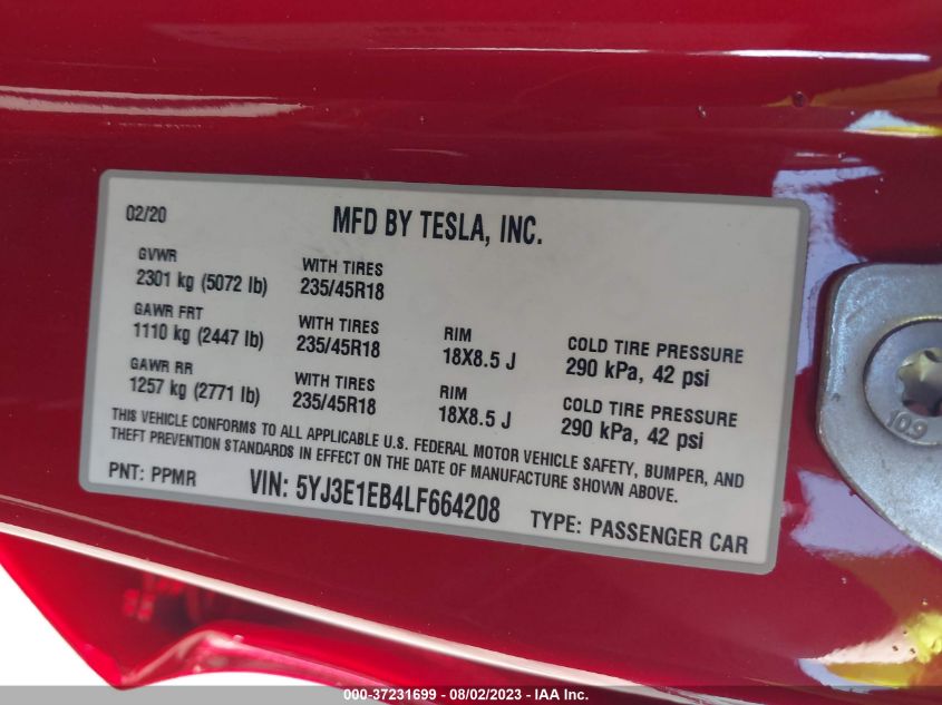 2020 TESLA MODEL 3 LONG RANGE - 5YJ3E1EB4LF664208