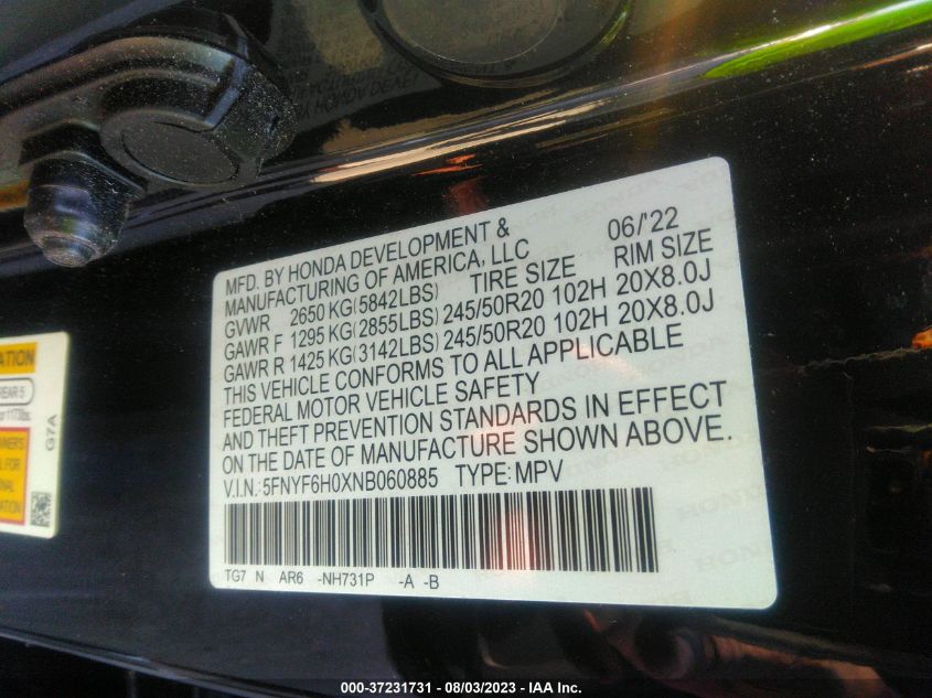 2022 HONDA PILOT ELITE - 5FNYF6H0XNB060885