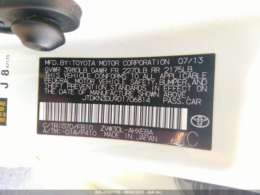 2013 TOYOTA PRIUS ONE/TWO/THREE/FOUR/FIVE - JTDKN3DU9D1706814