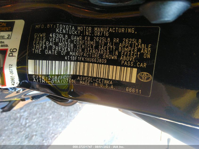 2017 TOYOTA CAMRY LE/XLE/SE/XSE - 4T1BF1FK1HU663809