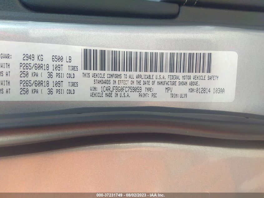 2015 JEEP GRAND CHEROKEE LIMITED - 1C4RJFBG0FC759059