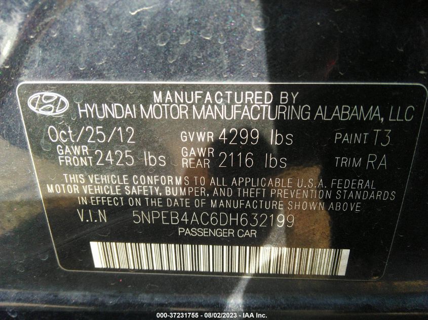 2013 HYUNDAI SONATA GLS PZEV - 5NPEB4AC6DH632199