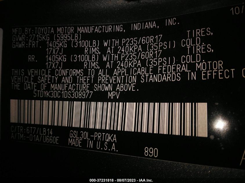 2013 TOYOTA SIENNA XLE AAS/XLE/LTD - 5TDYK3DC1DS308977