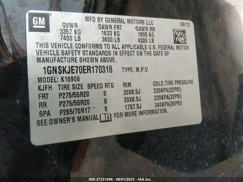 2014 CHEVROLET SUBURBAN 1500 LT 1GNSKJE70ER170318