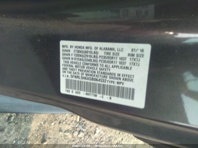 2016 HONDA ODYSSEY EX-L - 5FNRL5H6XGB064532