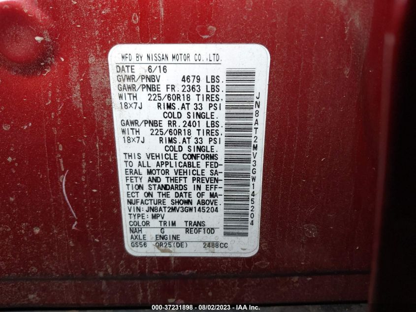 2016 NISSAN ROGUE SL - JN8AT2MV3GW145204