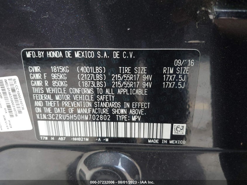 VIN 3CZRU5H50HM702802 2017 HONDA HR-V EX