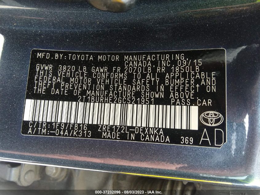 2016 TOYOTA COROLLA L/LE/S/S PLUS/LE PLUS - 2T1BURHE2GC521951