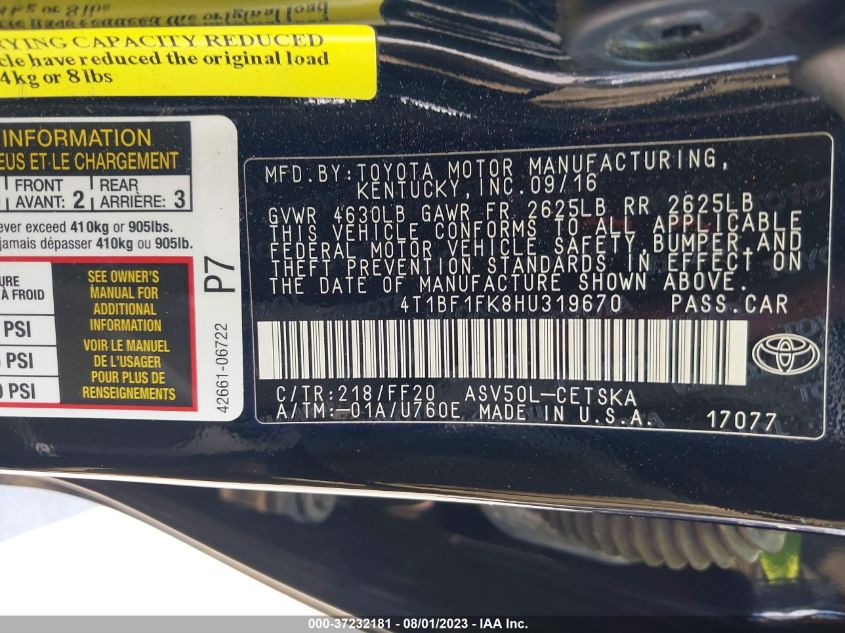 2017 TOYOTA CAMRY LE/XLE/SE/XSE - 4T1BF1FK8HU319670