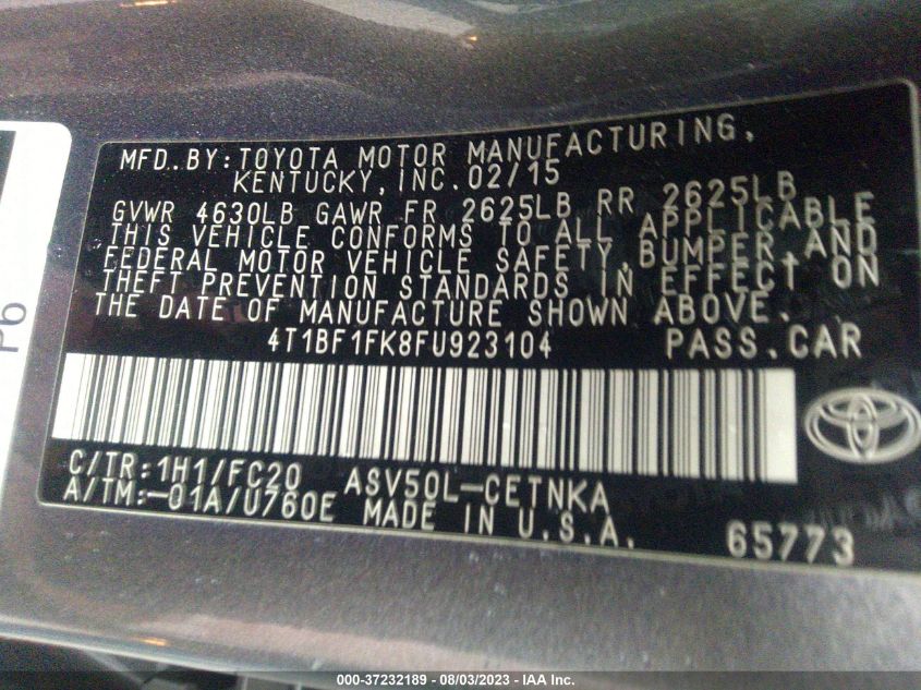 2015 TOYOTA CAMRY XLE/SE/LE/XSE - 4T1BF1FK8FU923104