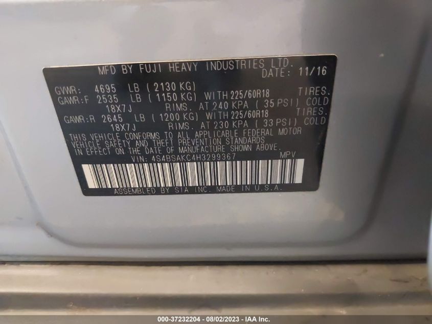 2017 SUBARU OUTBACK 2.5I LIMITED - 4S4BSAKC4H3299367