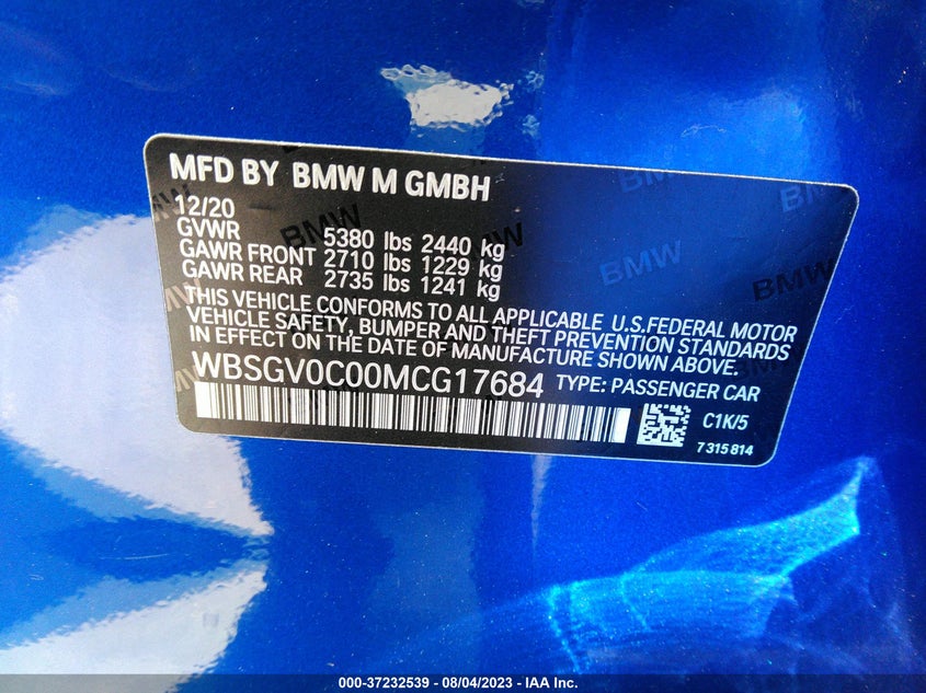 VIN WBSGV0C00MCG17684 2021 BMW M8