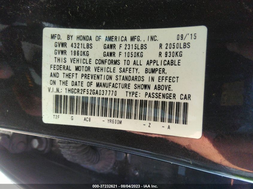 2016 HONDA ACCORD SEDAN SPORT - 1HGCR2F52GA037770