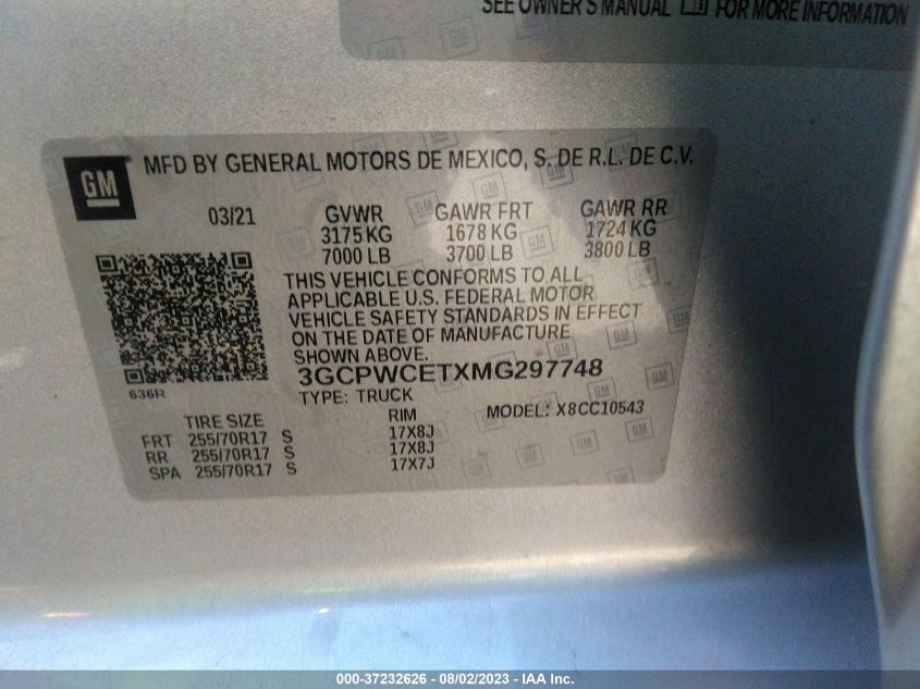 2021 CHEVROLET SILVERADO 1500 LT - 3GCPWCETXMG297748