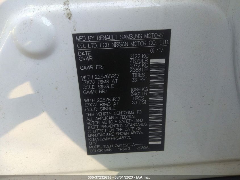 2017 NISSAN ROGUE S/SV - KNMAT2MV9HP545775